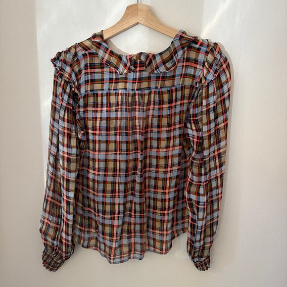 Maeve Anthropologie Laila Plaid Chiffon Ruffle Blouse Sz 8 - Picture 9 of 9